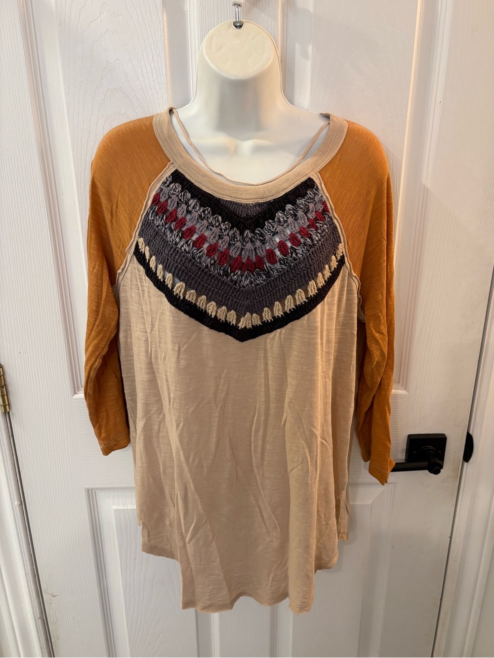 We The Free Beige Tunic with Mustard Raglan Sleeves and Knit Yoke